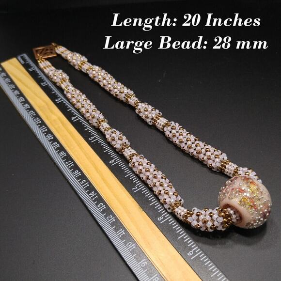 Artisan Woven Glass Beaded Necklace, Opalescent Pink Gold Glass Beads, 20 Inches - Picture 3 of 12